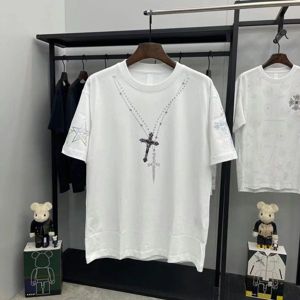 

2021 spring and summer new ch horseshoe diamond pendant necklace pure cotton couple round neck short sleev, White;black