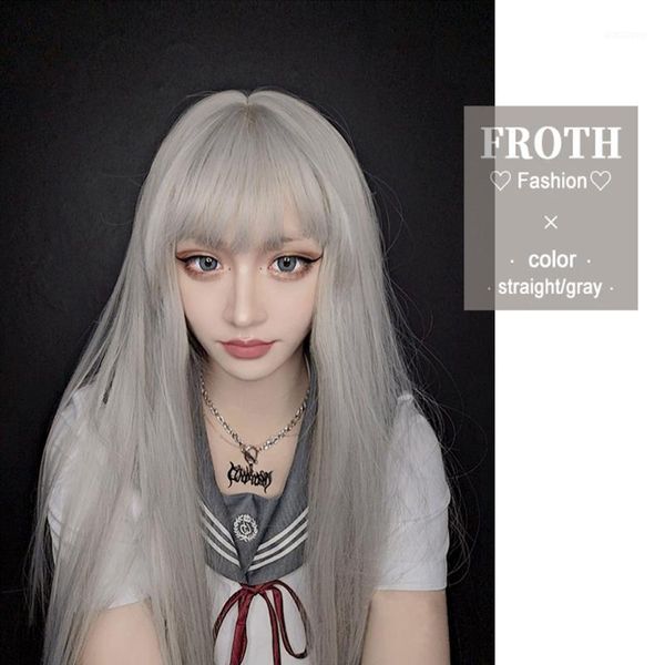

long wigs with bangs grey white synthetic straight for women natural heat resistant fiber cosplay lolita party halloween1, Black