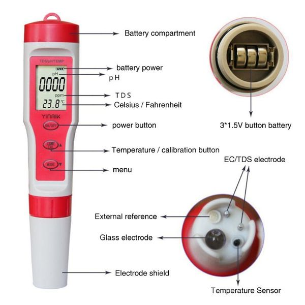 

drinking large screen digital tester water quality meter 4 in 1 ph tds ec temp pool pen aquariums portable accurate home monitor meters