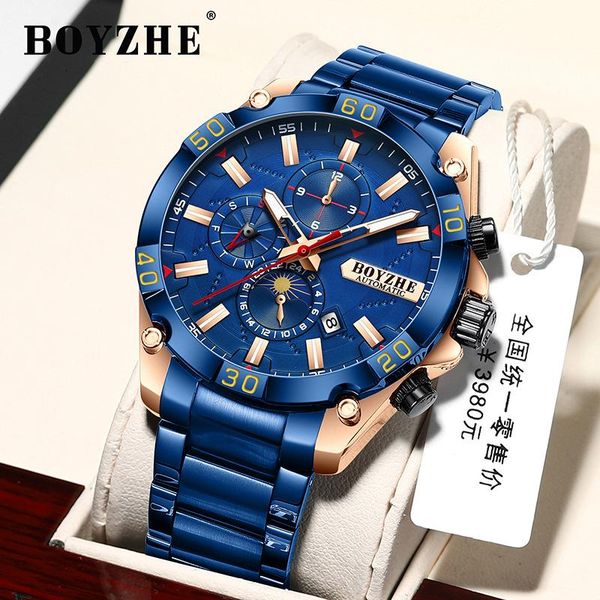 

wristwatches boyzhe brand blue male mechanical watches automatic multifunction moon phase date sport stainless steel band relogio masculino, Slivery;brown
