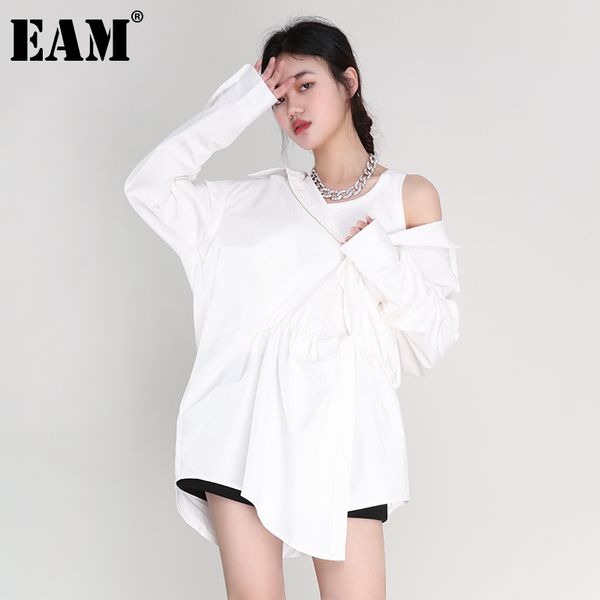 

[eam] women white irregular knot split big size dress lapel long sleeve loose fit fashion spring summer 1x34200 21512, Black;gray