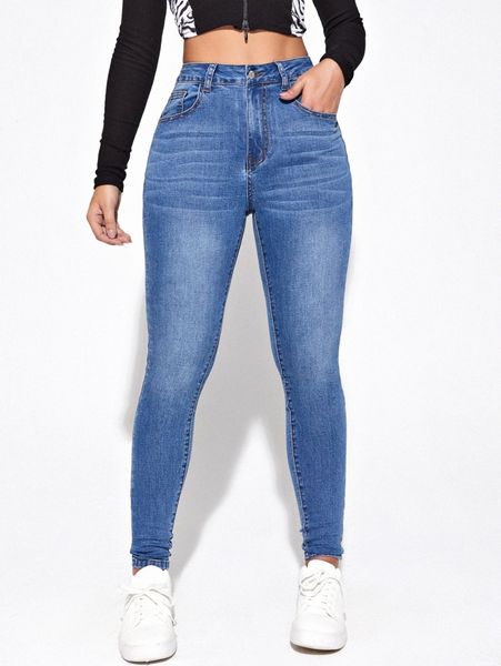 

high waist bleach wash skinny jeans v348#, Blue
