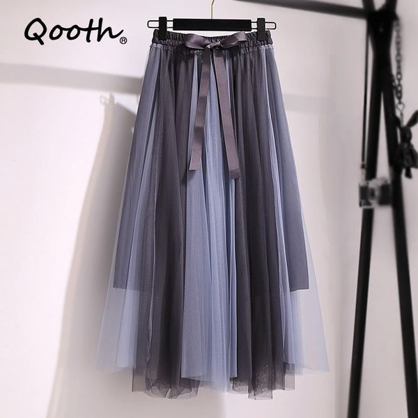 Qooth costurando bowknot cinto saias de mulheres plissada saia fada fada moda cor causal combinando grande saia de drape qt563 210518