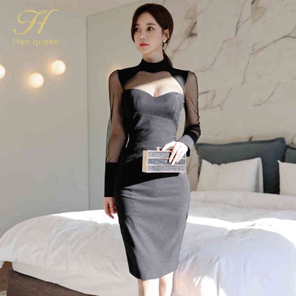

dresses 2021 spring stitching see-through mesh black pencil formal work bodycon lady party women es, Black;gray