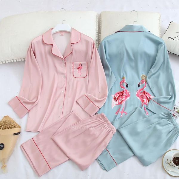 

pajamas set cartoon flamingo pattern women sleepwear spring summer suit bottoms silk casual comfy pyjamas, Black;red