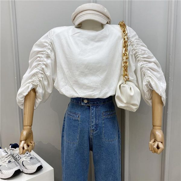

women's blouses & shirts [ewq] summer 2021 ruffled drawstring puff sleeve design o neck back hollow three quarter shirt simple casual l, White