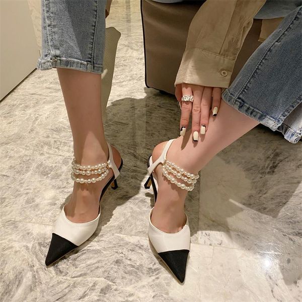 

sandals elegant european style summer pearl chain comfortable pointed heel, Black