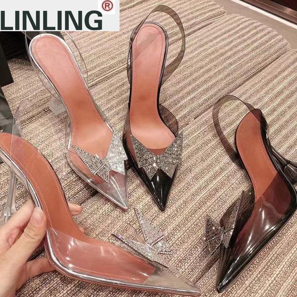 

pointed transparent sandals women's high heels water drill bow wine glass rhinestone slipper dress shoes, Black