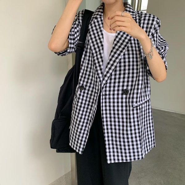 

women's suits & blazers hzirip short sleeves plaid basic jackets all-match streetwear 2021 chic basewear summer ol casual coats femme g, White;black
