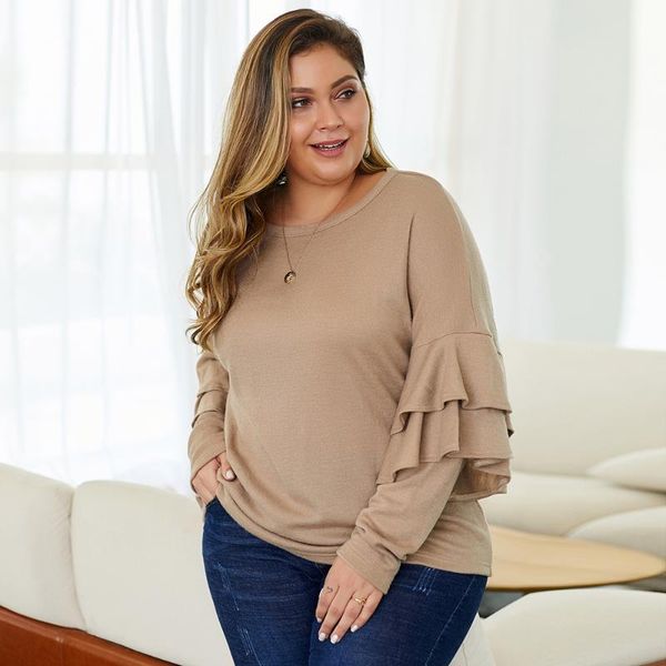 

women's sweaters autumn fashion solid color sweater round neck ruffled long sleeve pullover large size 1xl-4xl casual wild clothing, White;black