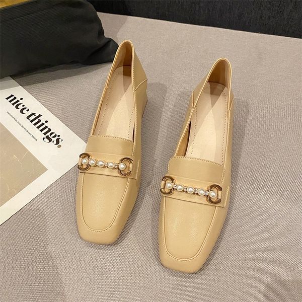 

new shallow mouth square head women's shoes leather soft sole thick heel pearl buckle grandma, Black