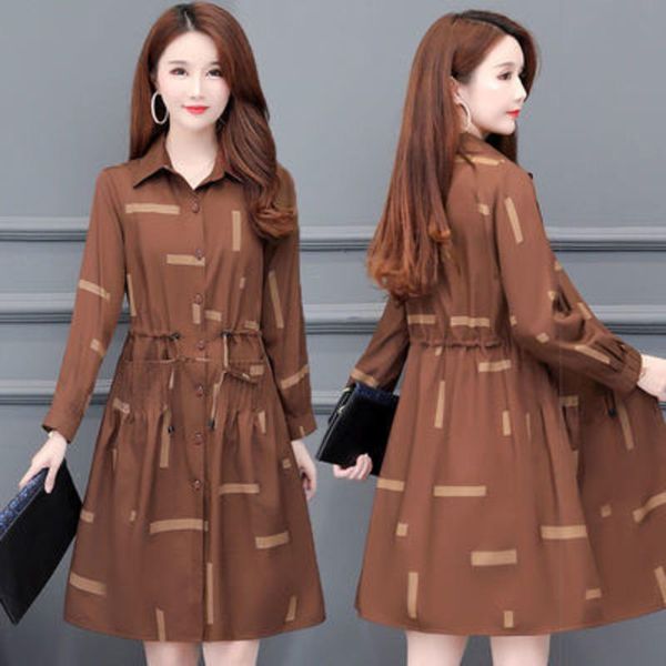 

women's trench coats ladies windbreaker drawstring mid-length korean version 2021 single-breasted printing autumn jacket fashion versat, Tan;black