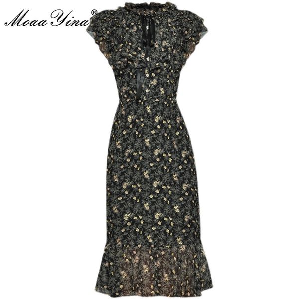 Мода дизайнер летние вечеринка русалка платье женские взломанные короткие рукава элегантные цветочные печати колена 210524