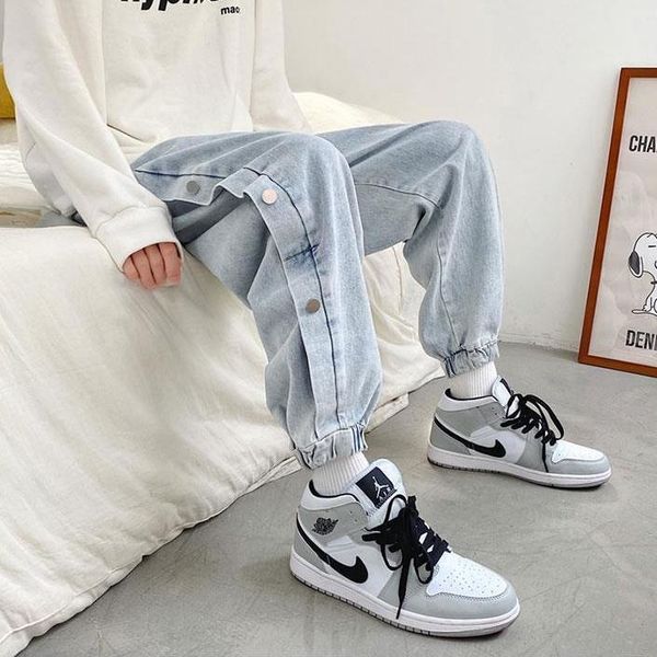 

men's jeans hip hop fashion high street drawstring denim pants vintage casual trousers men sweatpants loose elastic homens, Blue