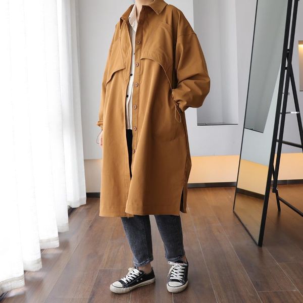 

women's trench coats fairynatural 2021 autumn spring long turn down collar loose winter ladies plus size casual korean simple, Tan;black