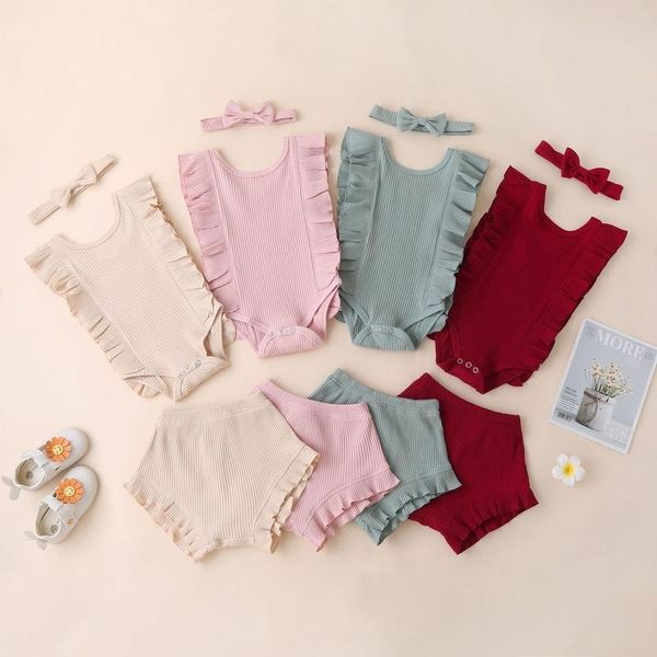 

baby sets born infant girls summer clothes sleeveless bodysuit +shorts+headbands 3pcs toddler outfits clothing, White