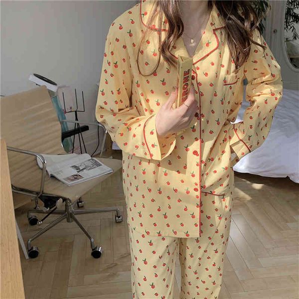 

casual dresses 2021 women vintage fashion spring fruit priting gentle korean loose all match femme pajamas sets 67d7, Black;gray