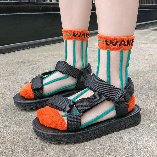 

socks summer thin kids alphabet striped children toddler girls boys mesh fluorescent transparent crystal baby accessories, Pink;yellow