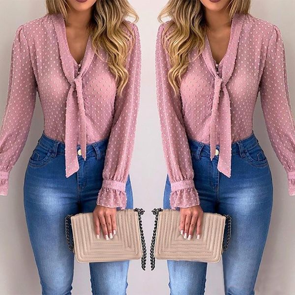 

fashion women elegant chiffon blouses long sleeve v-neck shirt office blouse slim casual female polka dot women's & shirts, White