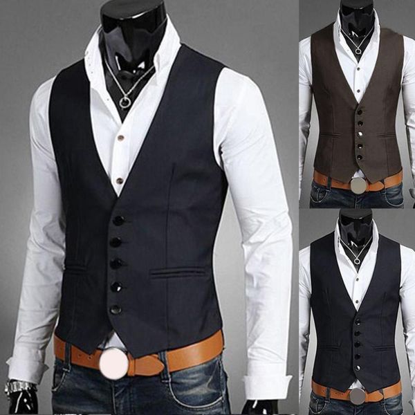 

men's vests 50%men's vest suit solid color v-neck button pocket sleeveless formal jacket, Black;white