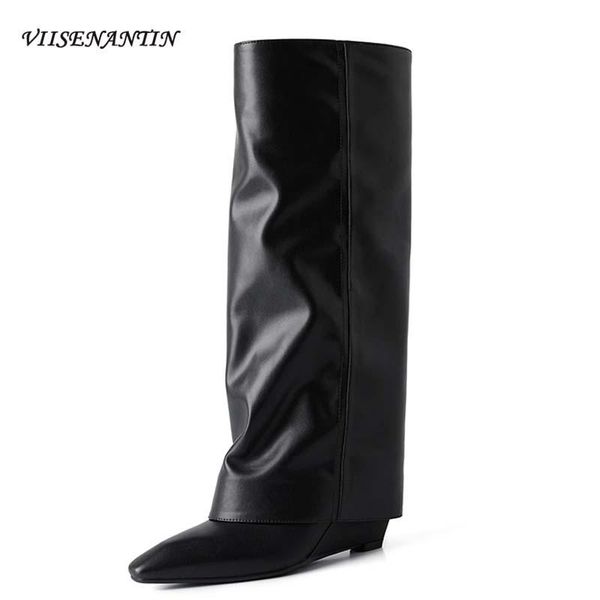 

boots style cowhide solid color pointed toe wedges trousers fashion patent leather fake side zipper high, Black
