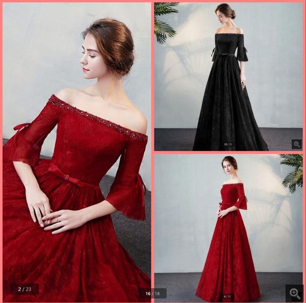 

2021 robe de soiree wine lace a line vintage prom dresses off the shoulder 3/4 sleeve elegant beaded pearls party dress formal red carpet lo, Black