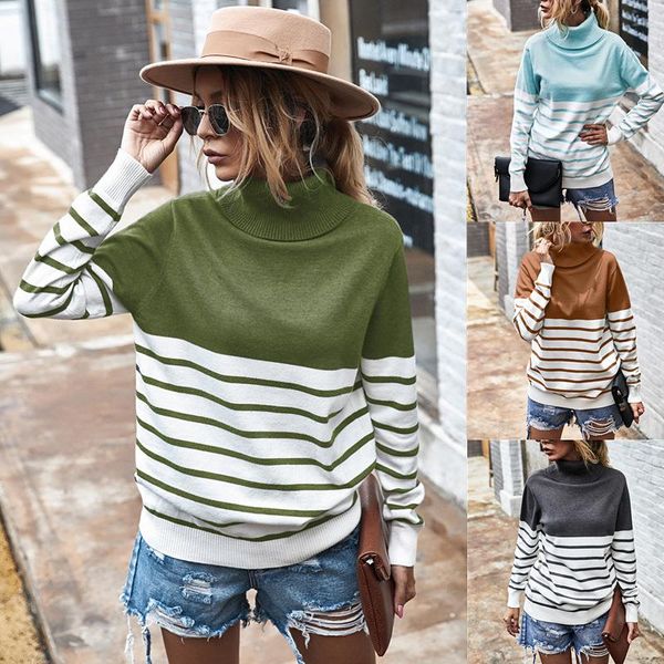 

women's sweaters 2021 autumn winter pullover sweater office high neck striped long-sleeved blouse korean casual slim wear, White;black