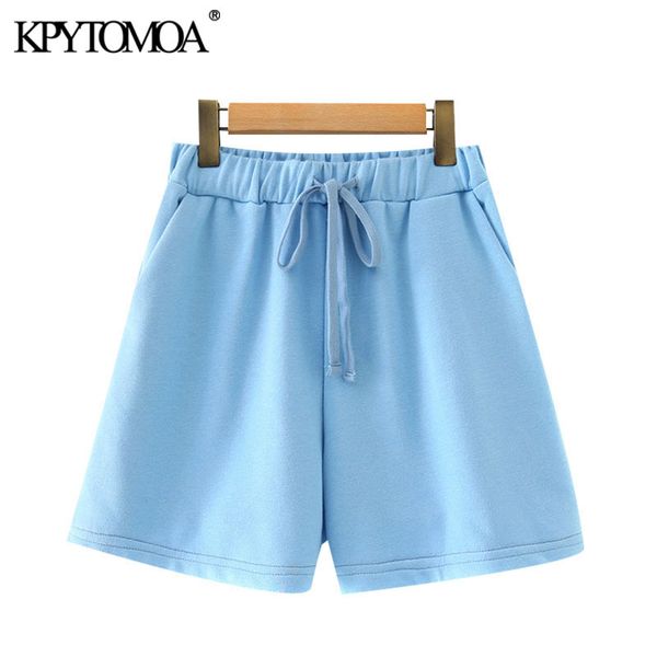 

women chic fashion side pockets basic shorts vintage high elastic waist drawstring female short pants pantalones 210416, White;black