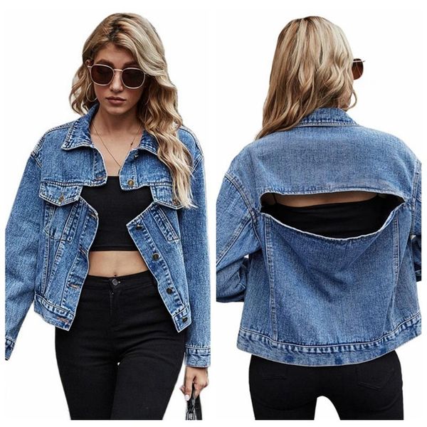 

women's denim jacket 2021 spring autumn fashion chic ins casual streetwear hollow out long sleeve blue loose jeans coat jackets, Black;brown