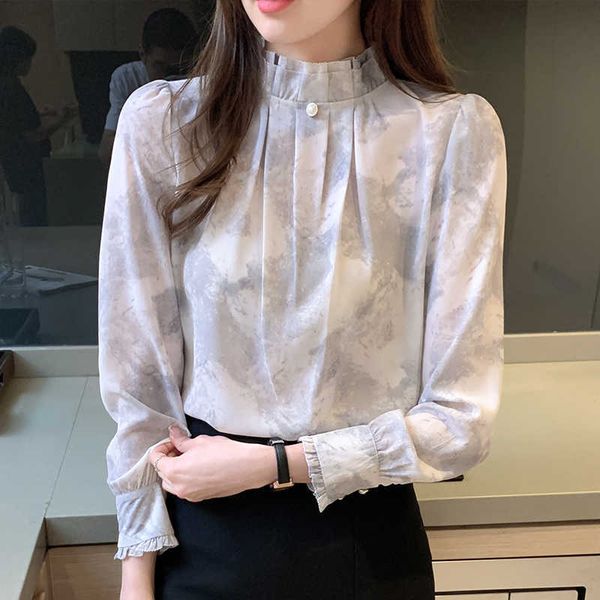 

korean women blouses shirts chiffon long sleeve woman satin plus size print shirt 210604, White