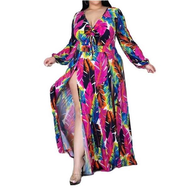 

plus size dress women wholesale holiday beach print ditsy floral with belt full length maxi es dropshpping 211025, Black