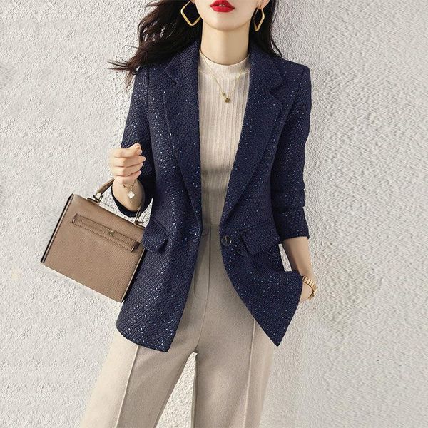 

women's suits & blazers ladies fashion tweed plaid blazer jacket retro long-sleeved pocket chic spring and autumn sequined women, White;black