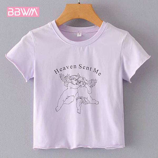 

harajuku round neck fresh angel print short-sleeved women's t-shirt fashion wild slim white chic female 210507
