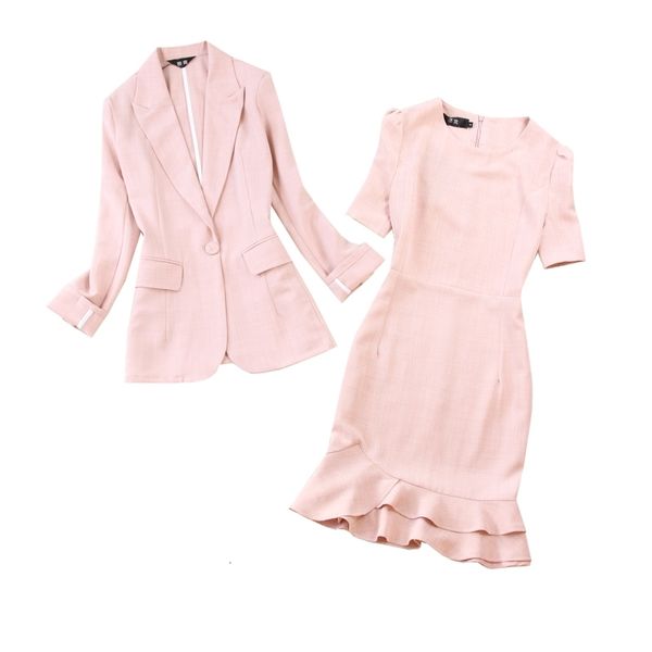 

two piece pants women's spring and summer large size long sleeve mid-length suit + lotus leaf dress light pink thin set, White