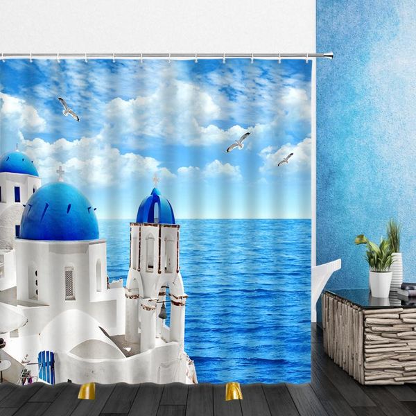 

landscape shower curtains european style building seaside city scenery 3d bathroom home decor waterproof polyester cloth curtain