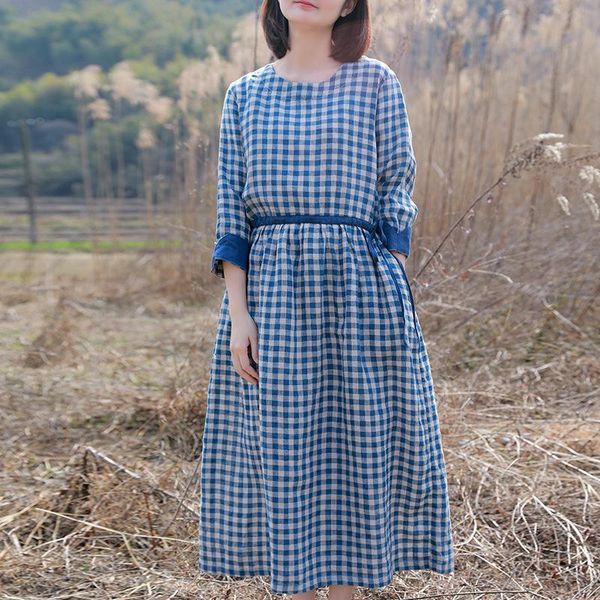 

casual dresses johnature women vintage yarn dyed linen chinese style long sleeve o-neck 2021 summer loose plaid dress, Black;gray