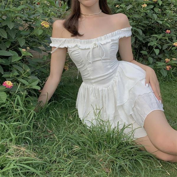 

casual dresses 2021 summer women mini party tiered dress slash neck suspenders cute kawaii backless off shoulder layered ruffles, Black;gray
