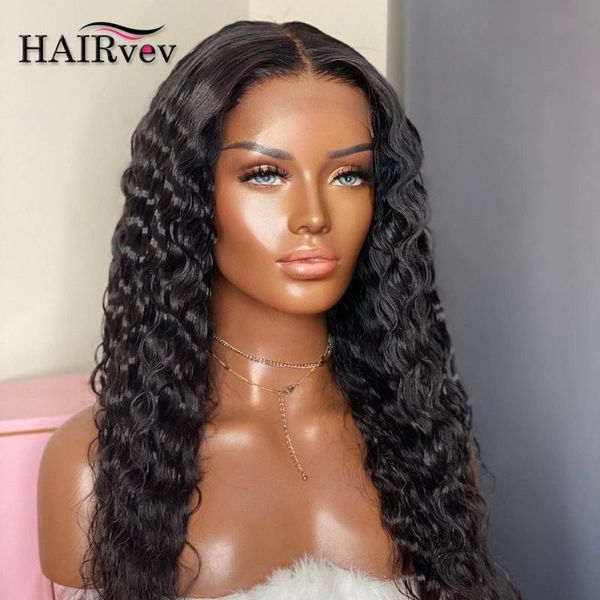 

lace wigs swiss deep wave front human hair 30 32 inch remy peruvian frontal wig curly closure pre plucked, Black;brown