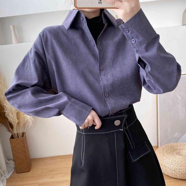 

vintage turn-down collar women blouse shirts autumn winter thicken female workwear purple 090a 210420, White