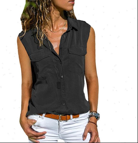 

cotton autumn sleeveless solid womens blouses v neck office work button shirt plus size 8xl, White