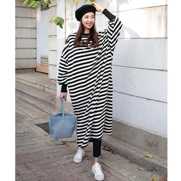 

casual dresses neatie kiddie women straight stripe long sleeve o-neck loose split high street fashion dress female, Black;gray