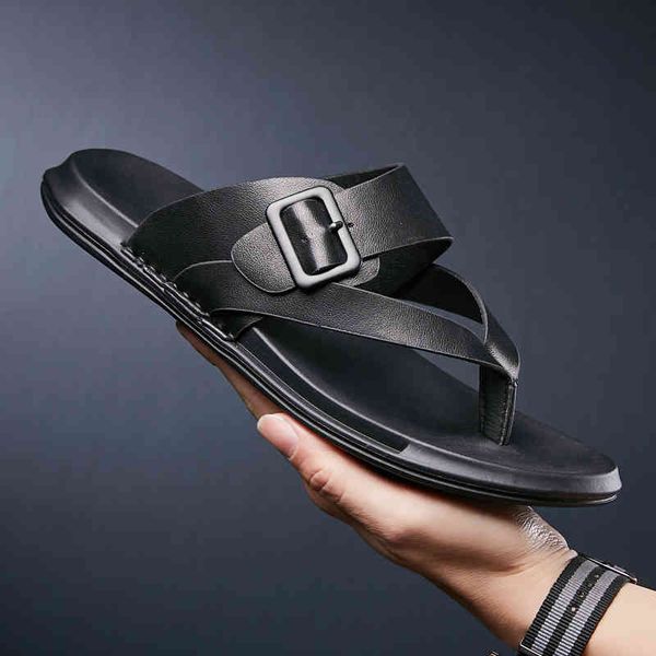 

slippers men's flip flops genuine leather men summer shoes fashion leisure flip-flops male soft comfortable footwear yoao, Black