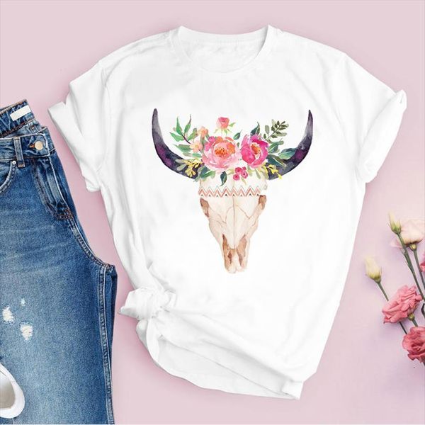 

men printing graphic bull mens heifer skull floral 90s vintage printed cute lady tees clothing female t shirt, White;black