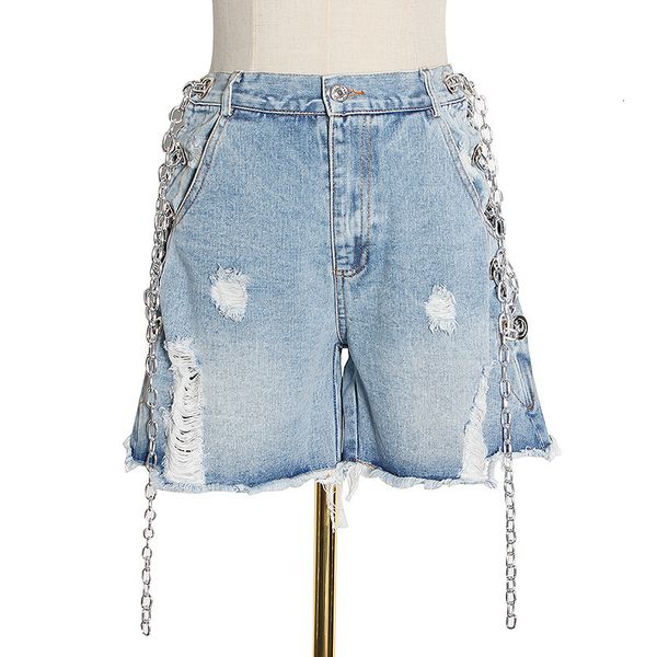 

women's shorts tide brand hole denim women female metal chain high waist fashion gradient color tassel jean clothes xrsg, White;black