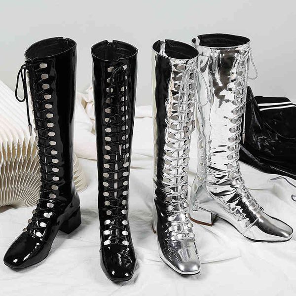 

boots lace up long motorcycle women gladiator botte femme leather knee high shoes woman summer 3hf5, Black
