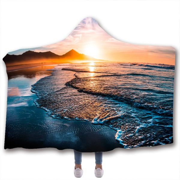 

beach wave printed soft blanket warm wool velvet hoodie home sofa camping cloth harajuku hooded wholesale blankets