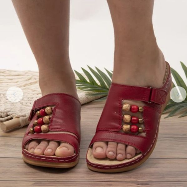 

2021 summer women outdoor open toe sandals vintage anti-slip breathable velcro wedges slipper fashion string bead women shoes, Black
