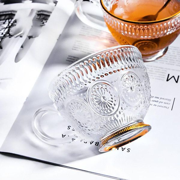

wine glasses sun flower embossed breakfast milk cup anti-scald handle tea coffee european retro glass milkshake juice for party