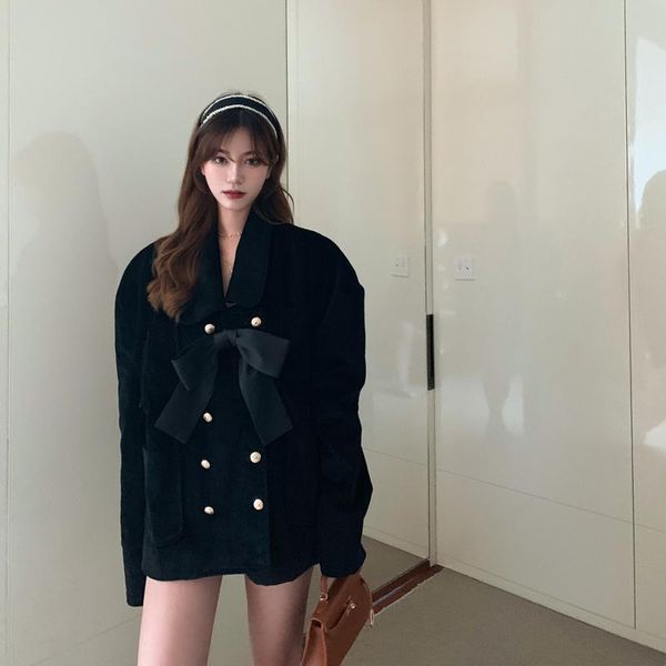 

women's trench coats winter cute cotton corduroy black jacket for women korean dark street bow long sleeve thick warm coat outw, Tan;black