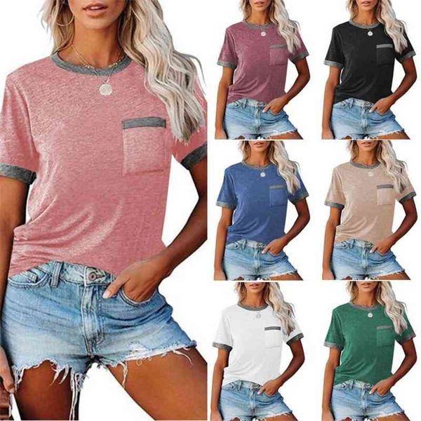 

women's t-shirt wenyu short sleeve 2021 summer round neck stitching pocket female 9258 x6r5, White
